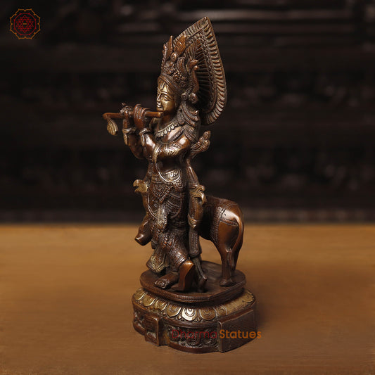 Brass Krishna Statue with Cow, Playing Flute, Copper & Golden Finish, 14.5"