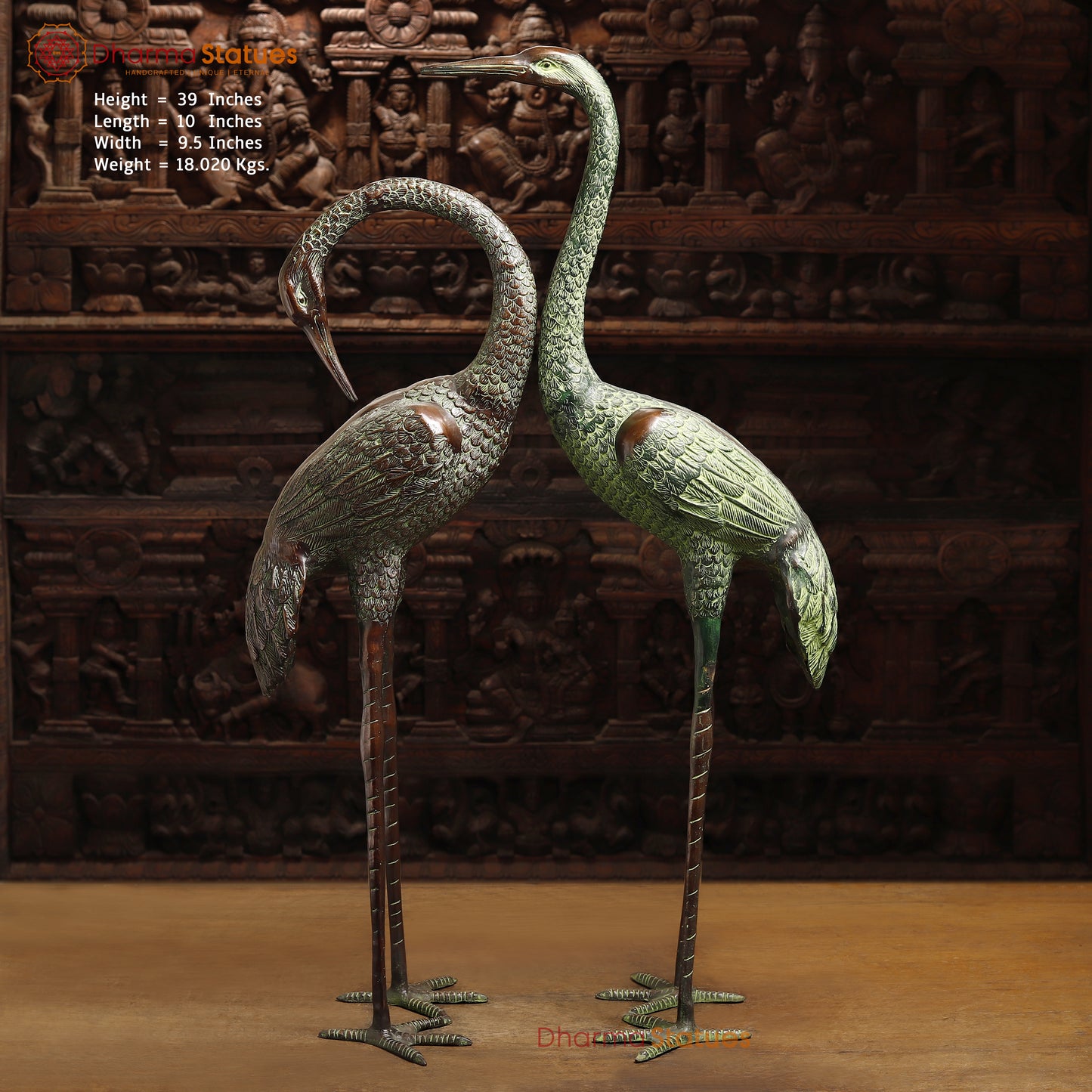 Brass Pair of Crane Bird, Green & Copper Finish, 39"