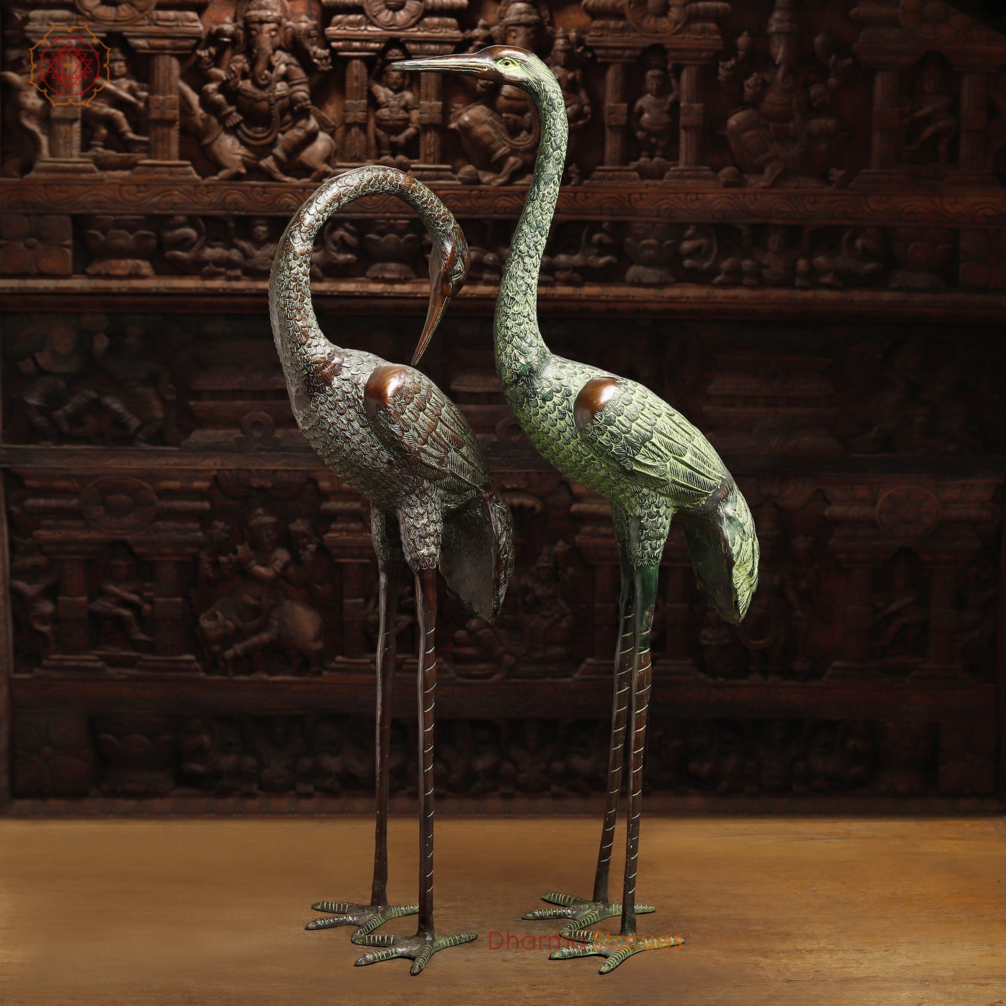 Brass Pair of Crane Bird, Green & Copper Finish, 39"