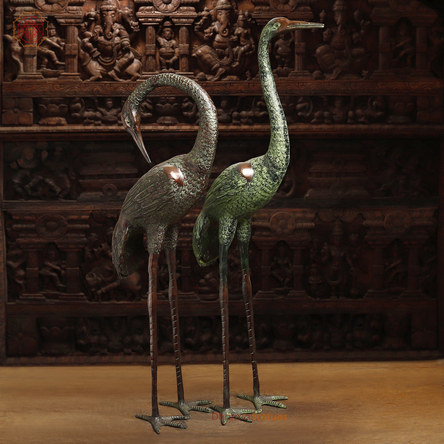 Brass Pair of Crane Bird, Green & Copper Finish, 39"