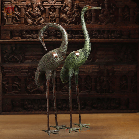 Brass Pair of Crane Bird, Green & Copper Finish, 39"