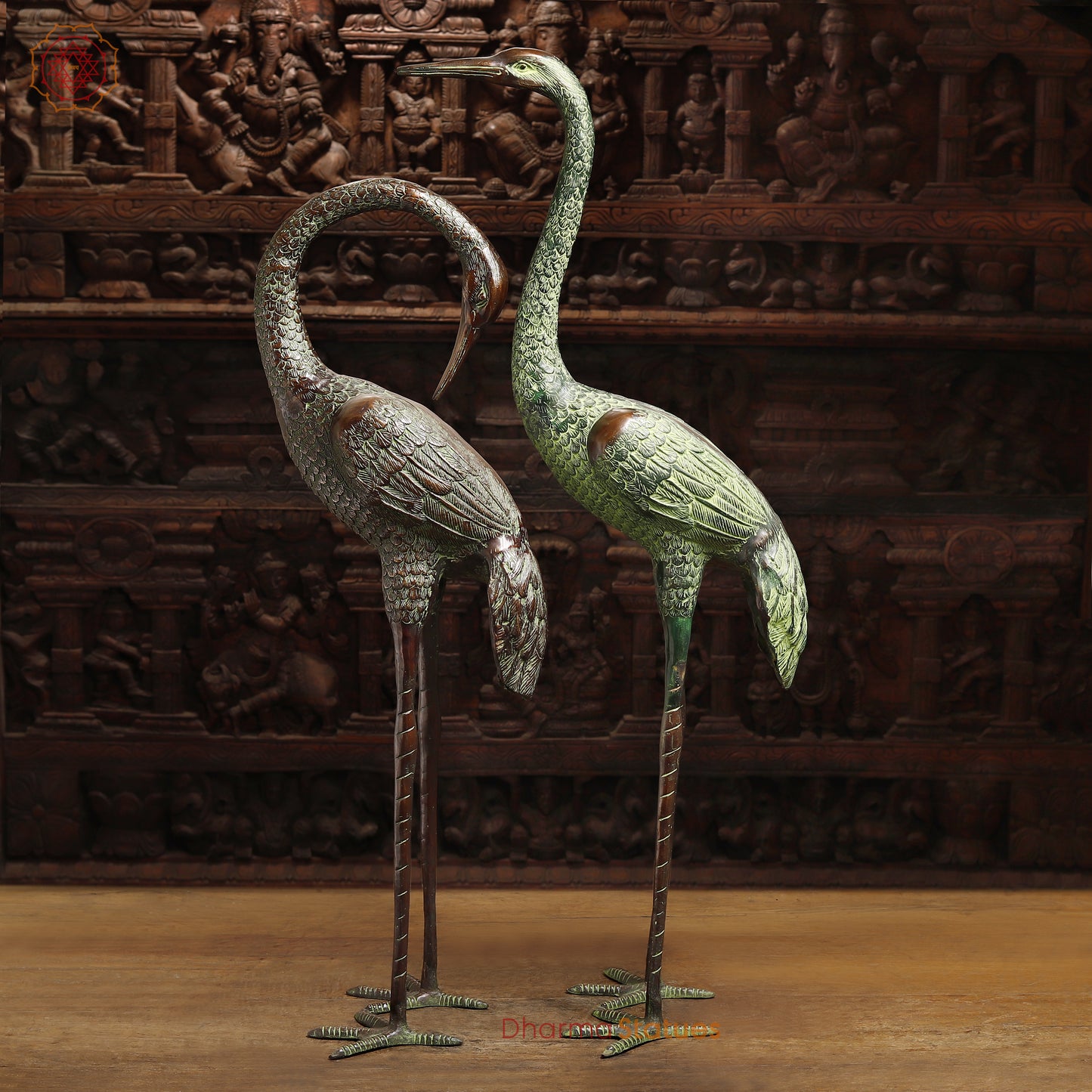 Brass Pair of Crane Bird, Green & Copper Finish, 39"