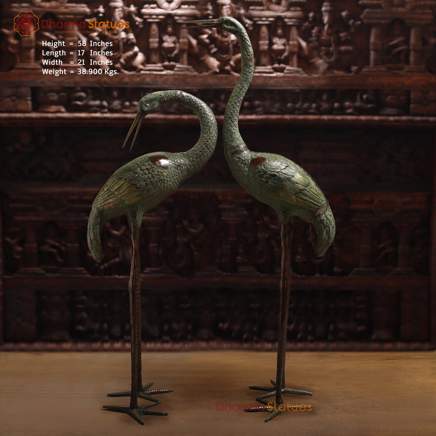 Brass Pair of Crane Bird, Green & Copper Finish, 58"