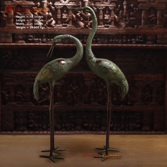 Brass Pair of Crane Bird, Green & Copper Finish, 58"