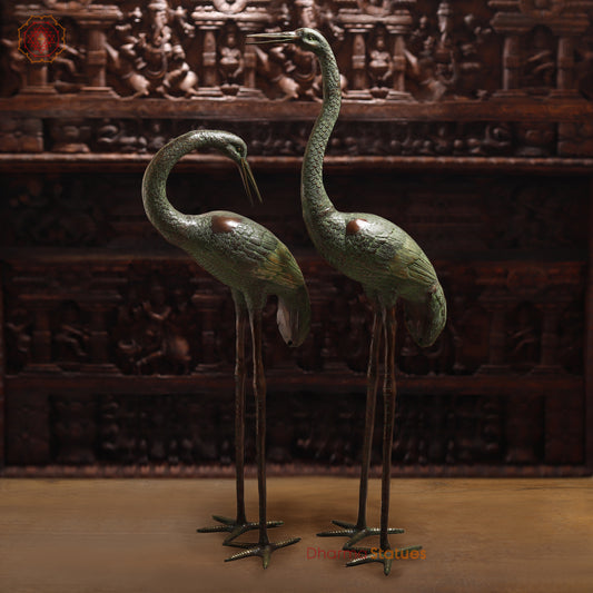 Brass Pair of Crane Bird, Green & Copper Finish, 58"