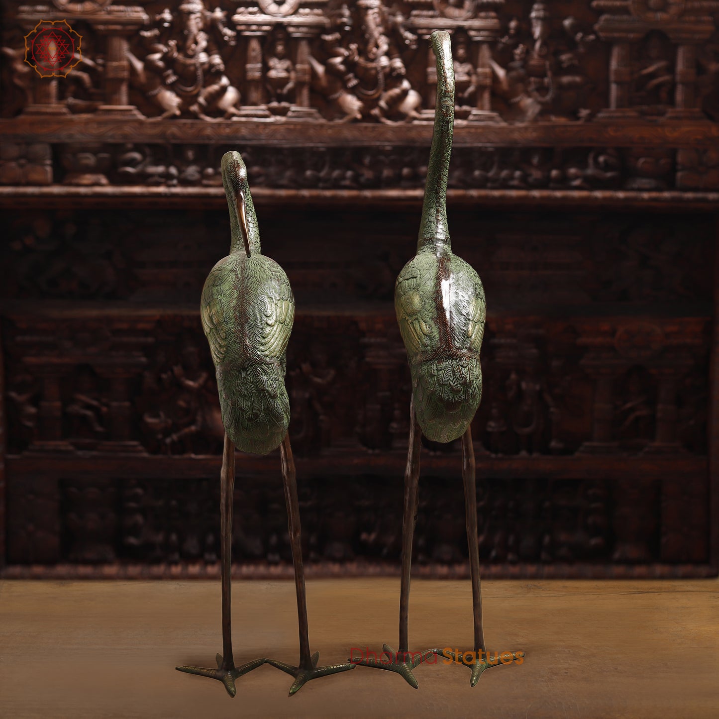 Brass Pair of Crane Bird, Green & Copper Finish, 58"