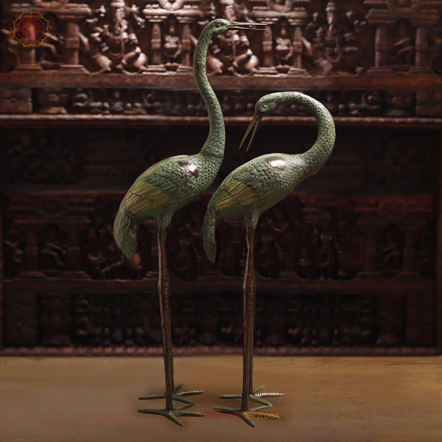 Brass Pair of Crane Bird, Green & Copper Finish, 58"
