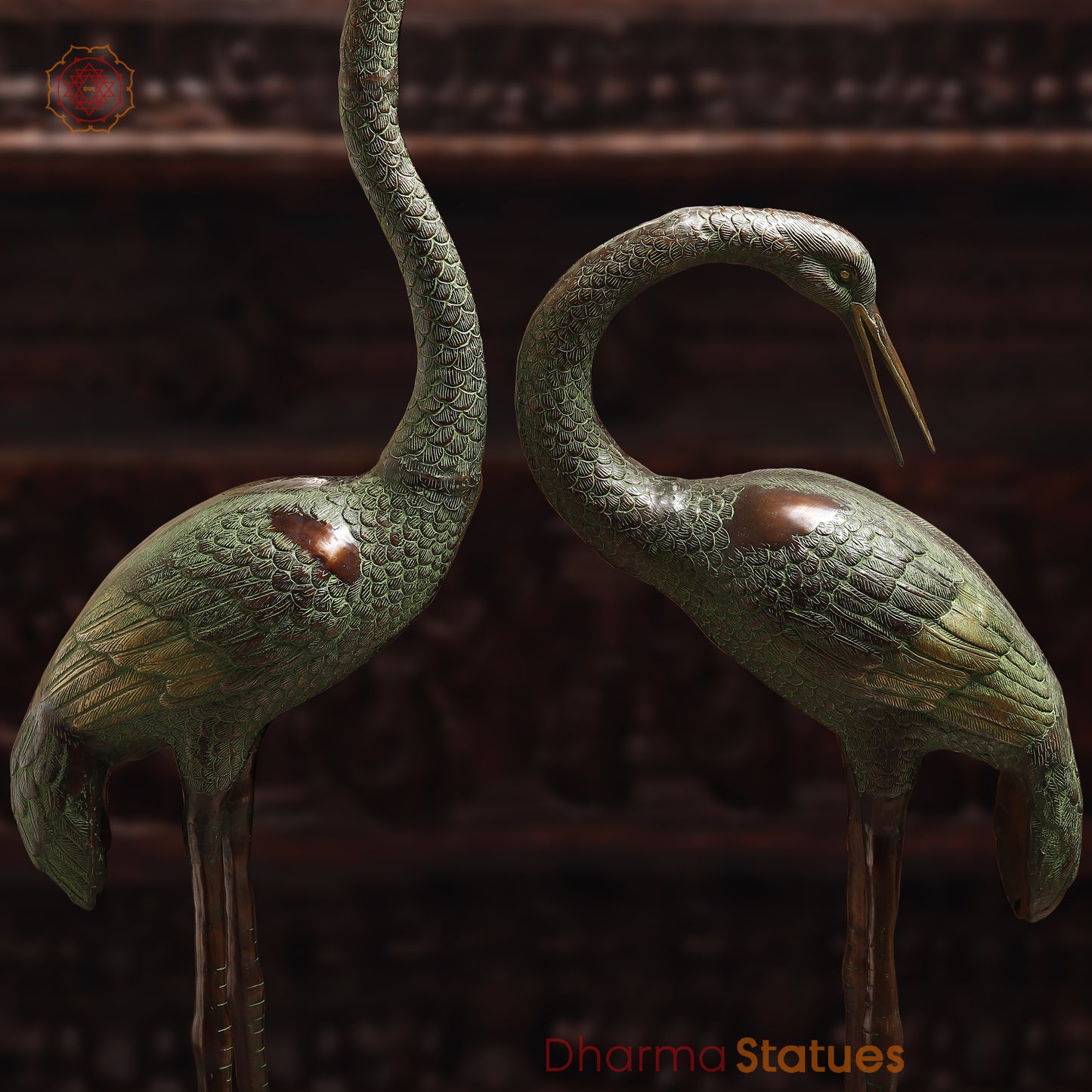 Brass Pair of Crane Bird, Green & Copper Finish, 58"