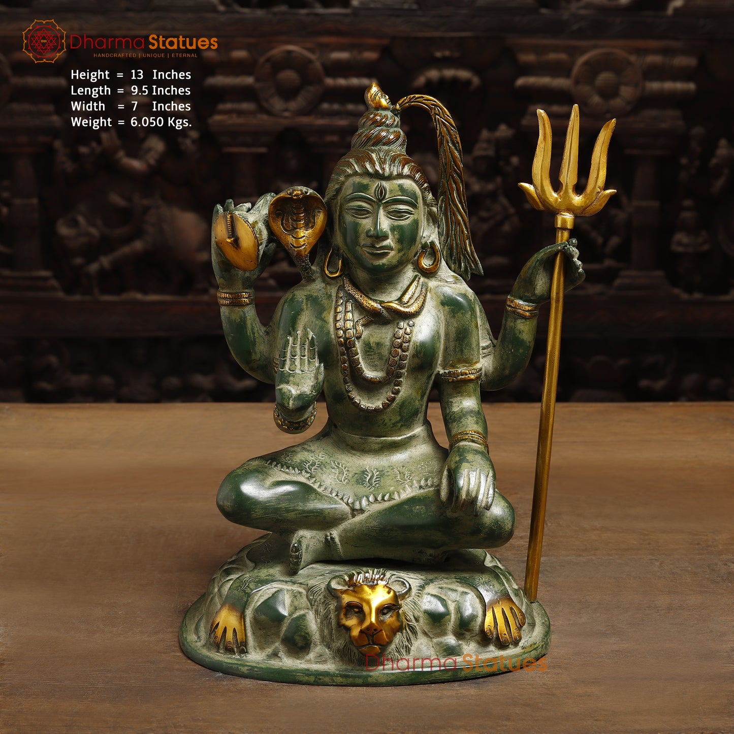 Brass Lord Shiva seated in Blessing Posture, Green Patina & Golden Finish, 13"