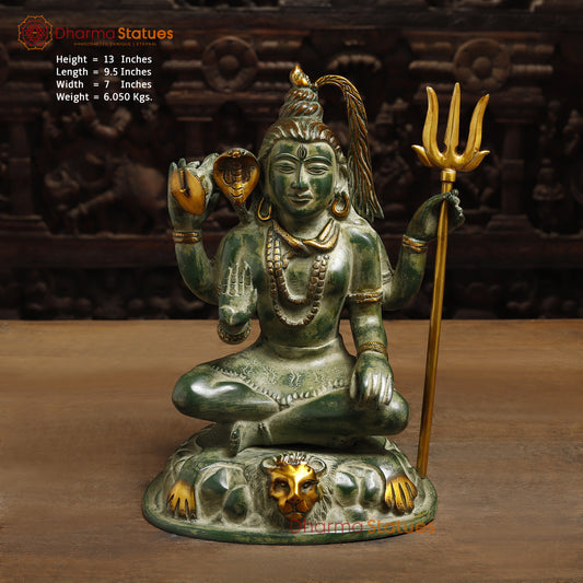 Brass Lord Shiva seated in Blessing Posture, Green Patina & Golden Finish, 13"
