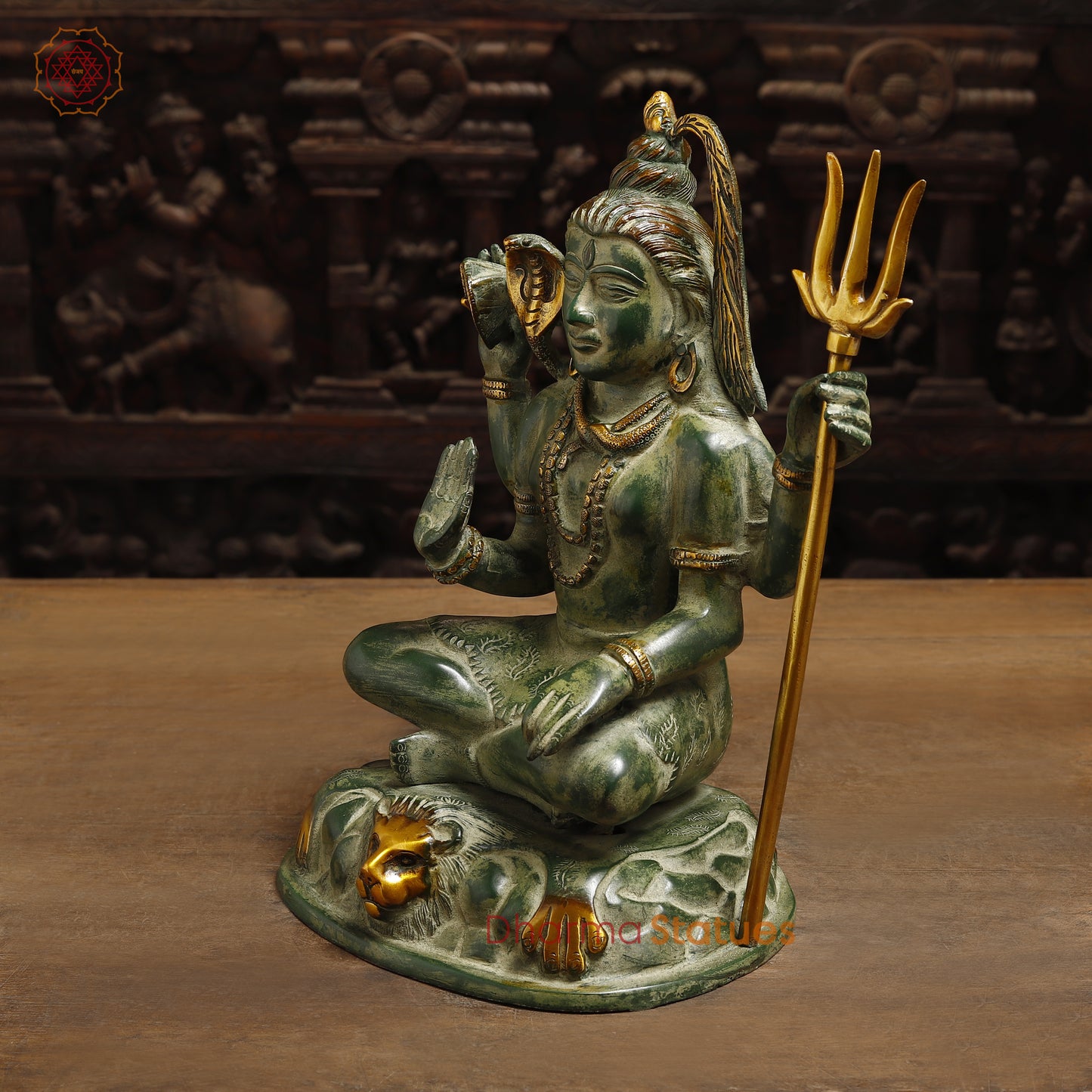 Brass Lord Shiva seated in Blessing Posture, Green Patina & Golden Finish, 13"
