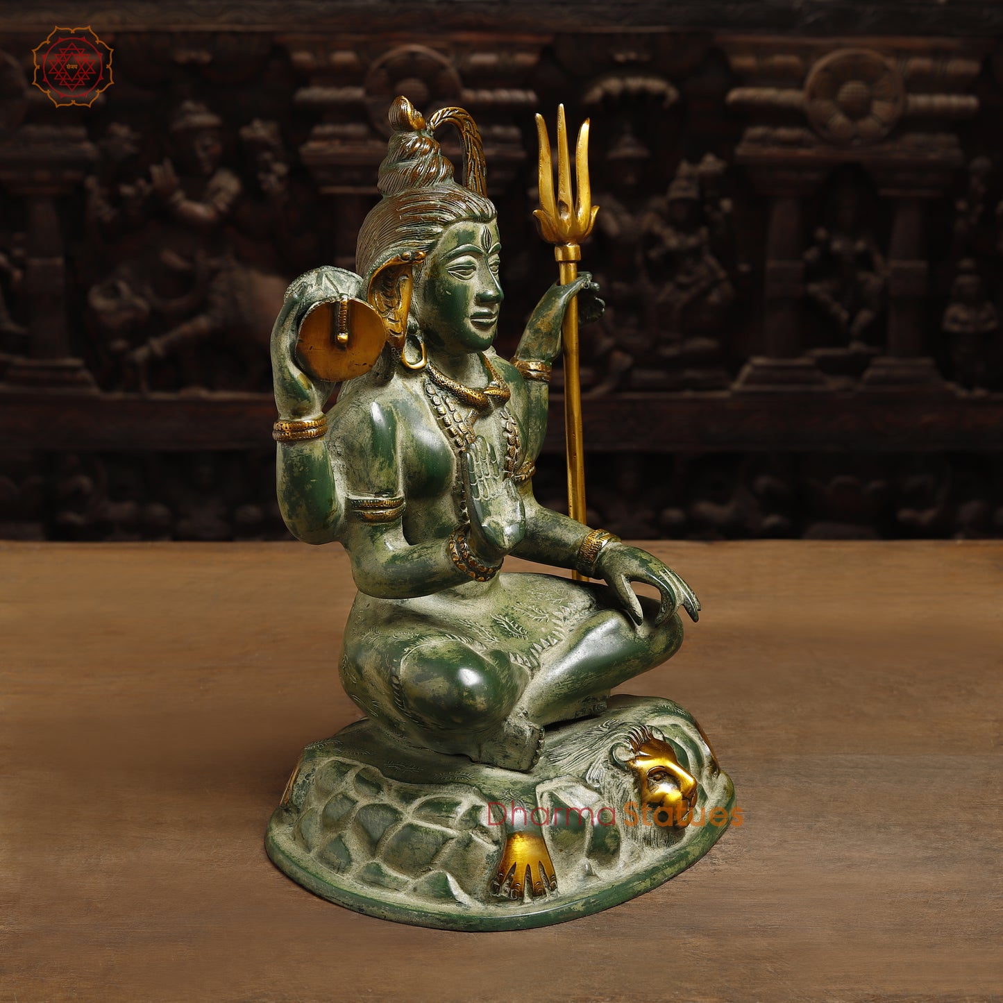 Brass Lord Shiva seated in Blessing Posture, Green Patina & Golden Finish, 13"