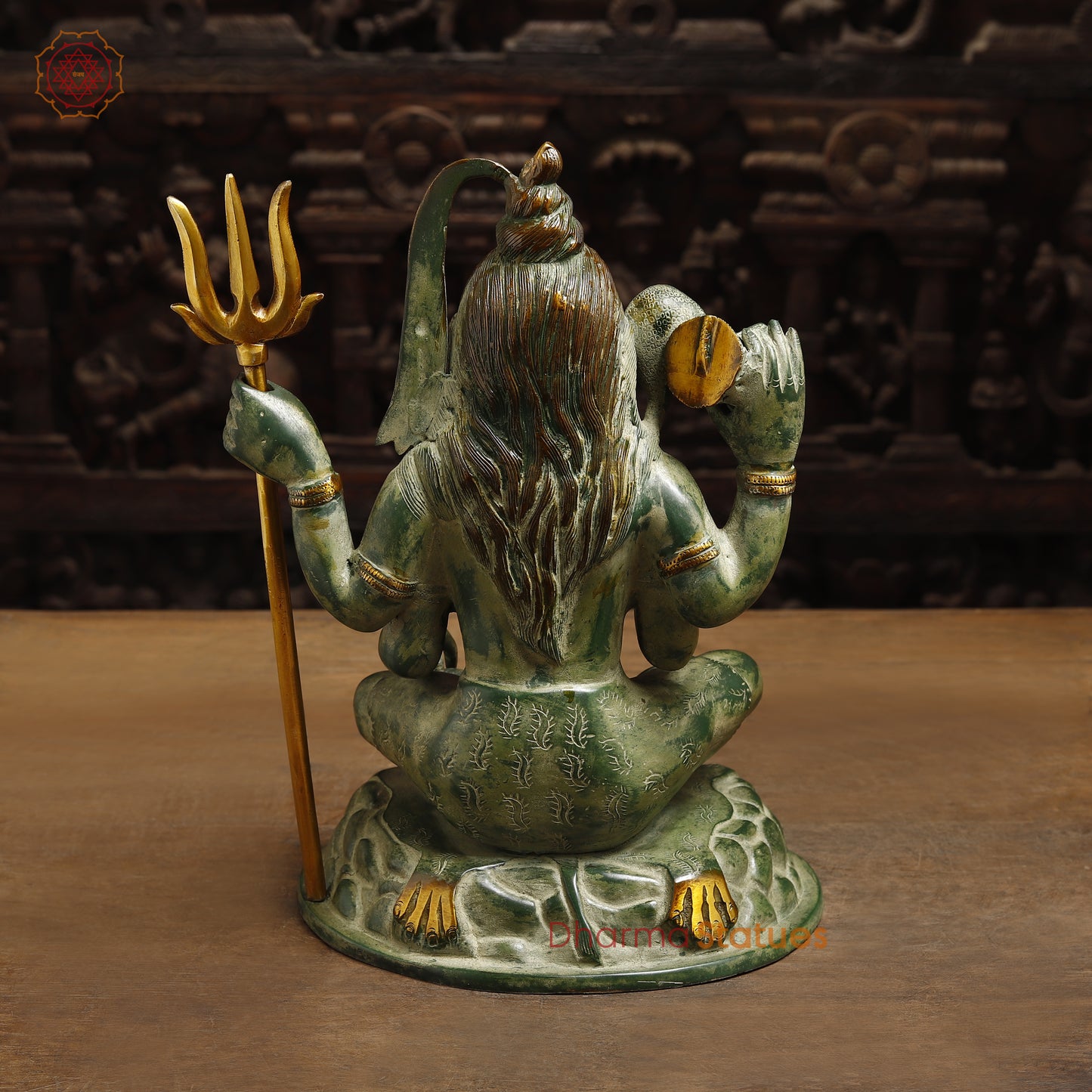 Brass Lord Shiva seated in Blessing Posture, Green Patina & Golden Finish, 13"