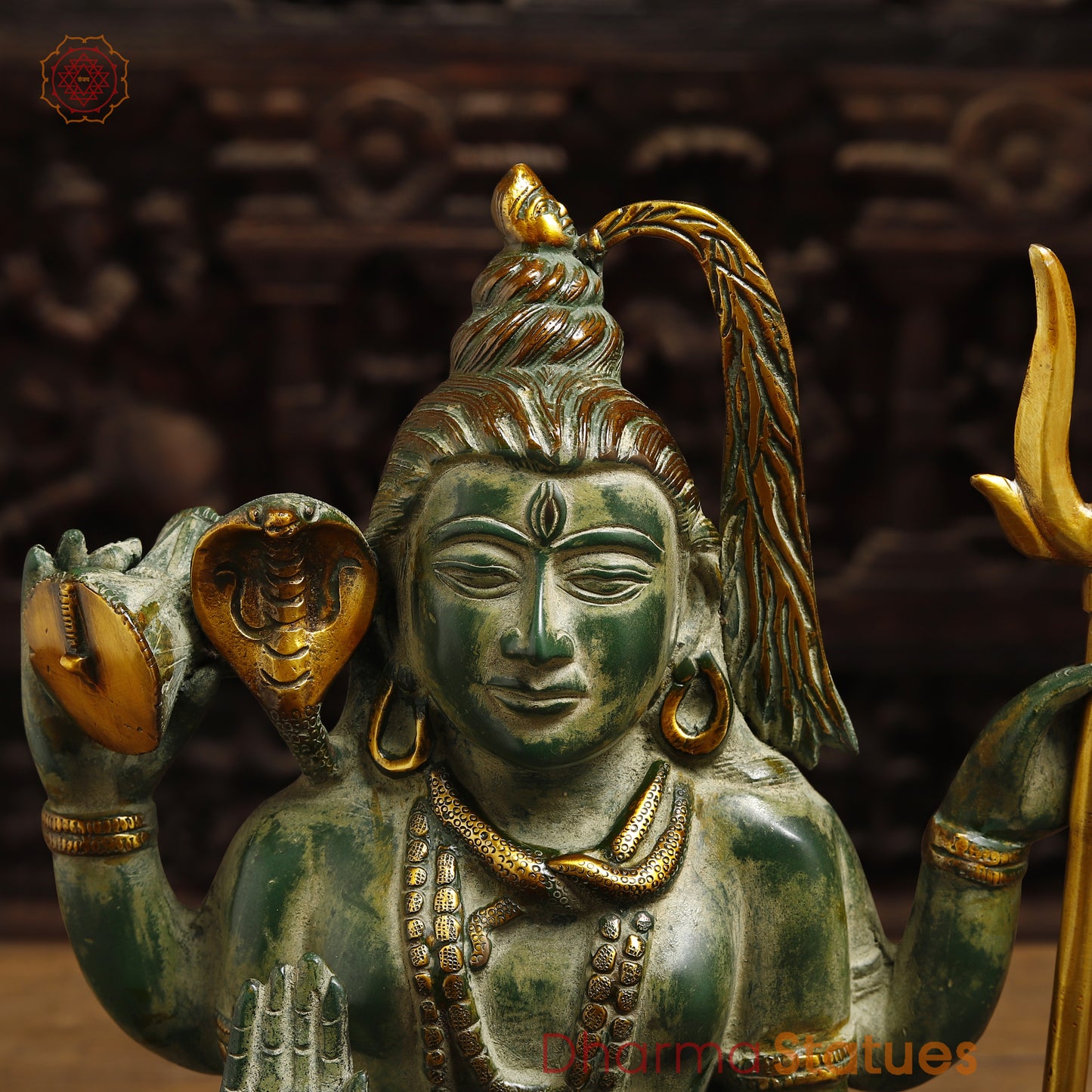 Brass Lord Shiva seated in Blessing Posture, Green Patina & Golden Finish, 13"