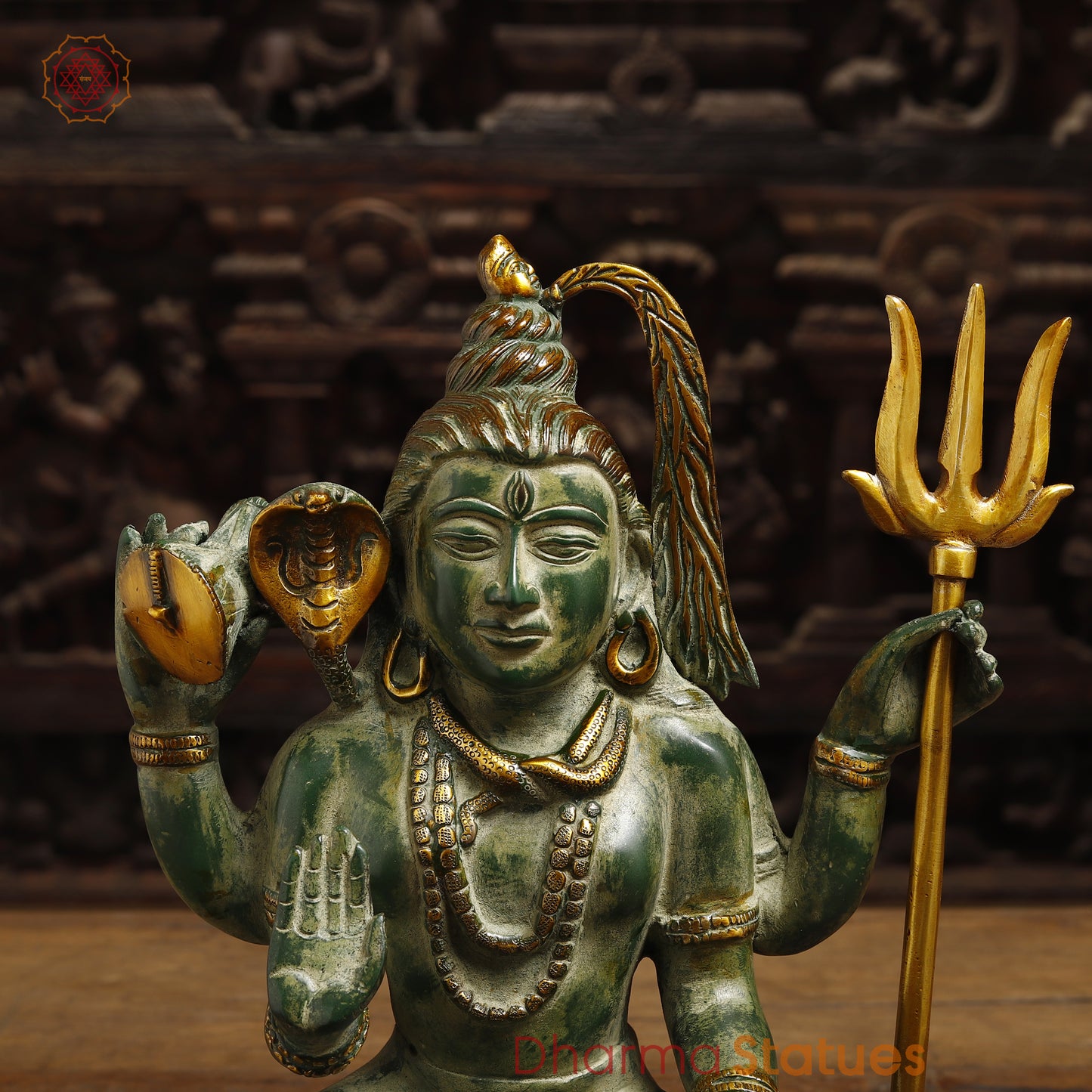 Brass Lord Shiva seated in Blessing Posture, Green Patina & Golden Finish, 13"