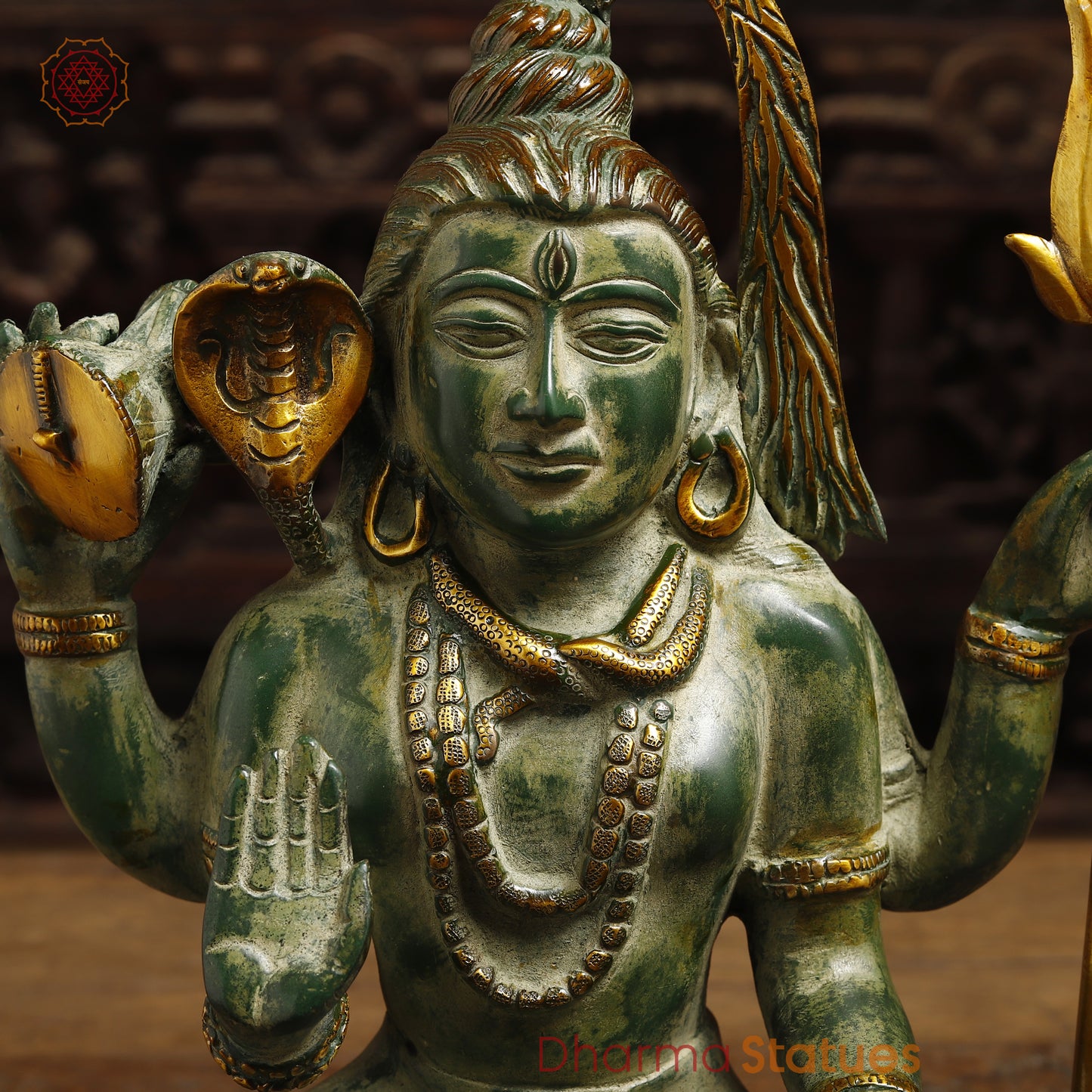 Brass Lord Shiva seated in Blessing Posture, Green Patina & Golden Finish, 13"