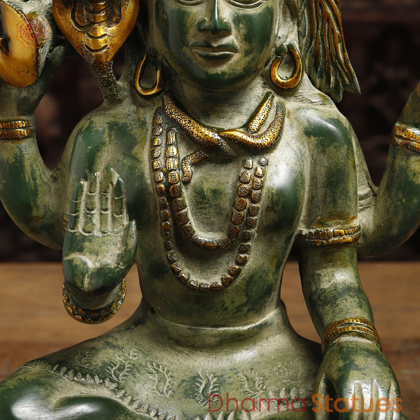 Brass Lord Shiva seated in Blessing Posture, Green Patina & Golden Finish, 13"