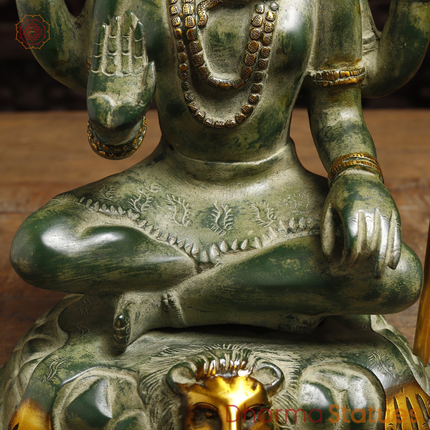 Brass Lord Shiva seated in Blessing Posture, Green Patina & Golden Finish, 13"