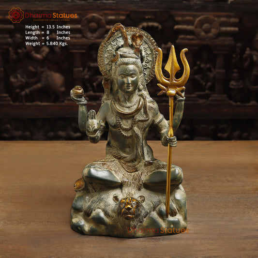 Brass Lord Shiva seated in Blessing Posture, Antique & Golden Finish, 13.5"