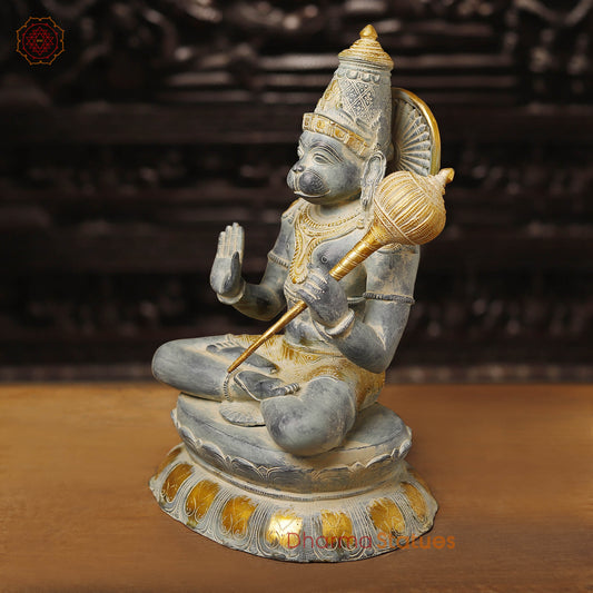 Brass Hanuman Idol, Sitting on a Lotus, White Patina Finish 16"