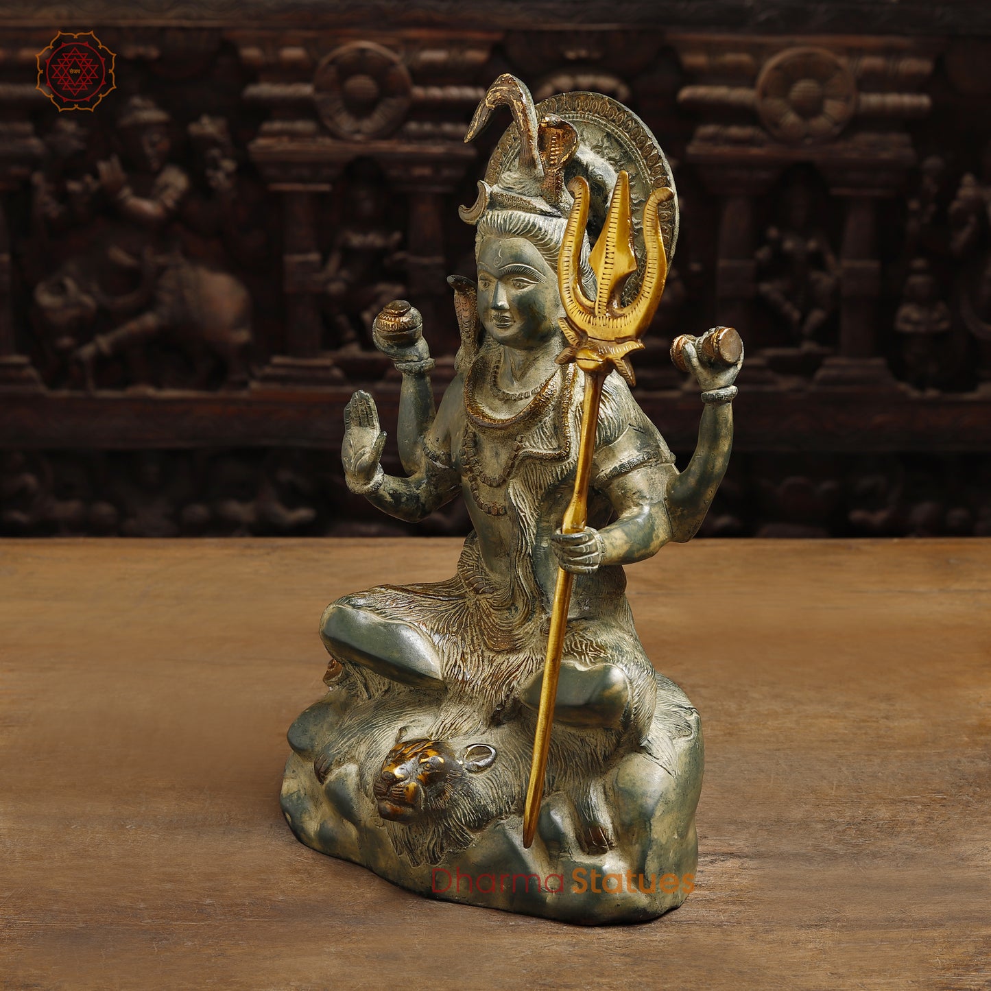 Brass Lord Shiva seated in Blessing Posture, Antique & Golden Finish, 13.5"