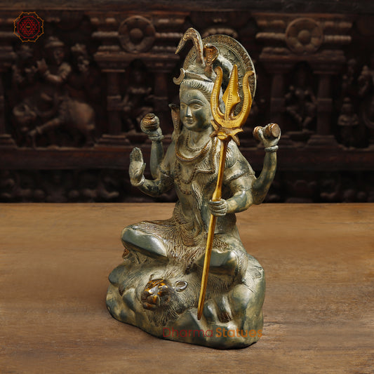 Brass Lord Shiva seated in Blessing Posture, Antique & Golden Finish, 13.5"