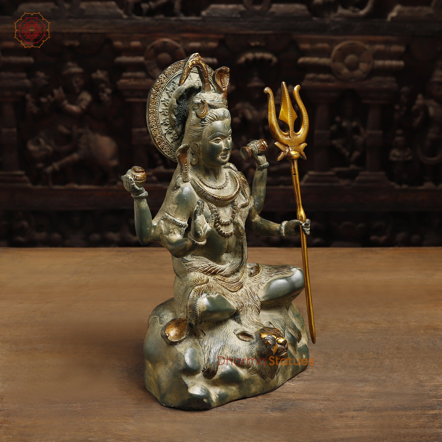 Brass Lord Shiva seated in Blessing Posture, Antique & Golden Finish, 13.5"