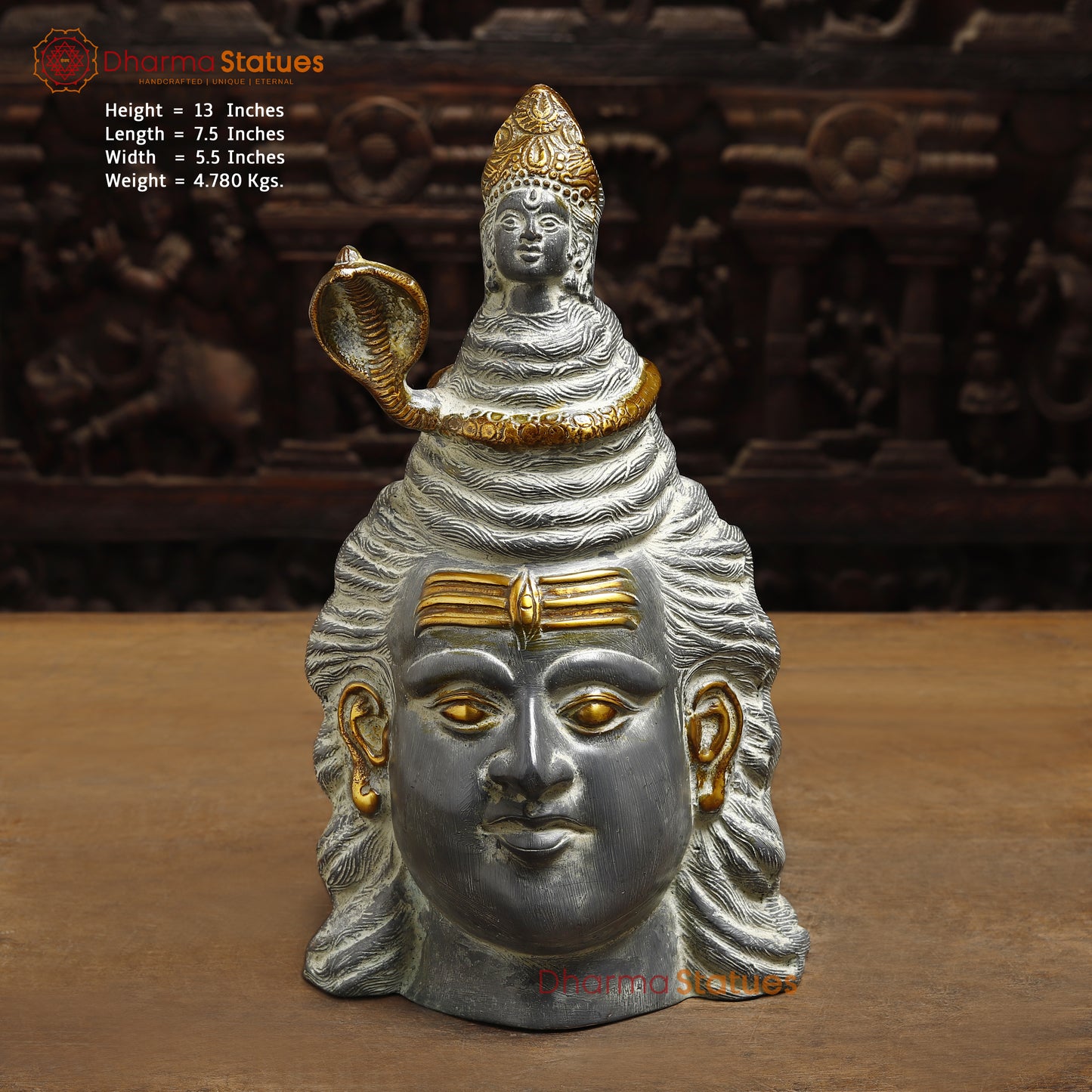 Brass Shiva Head, Grey Color with Golden Finish, 13"