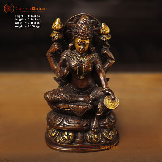 Brass Lakshmi Statue, Sitting on a Pedestal, Copper & Gold Finish 8"