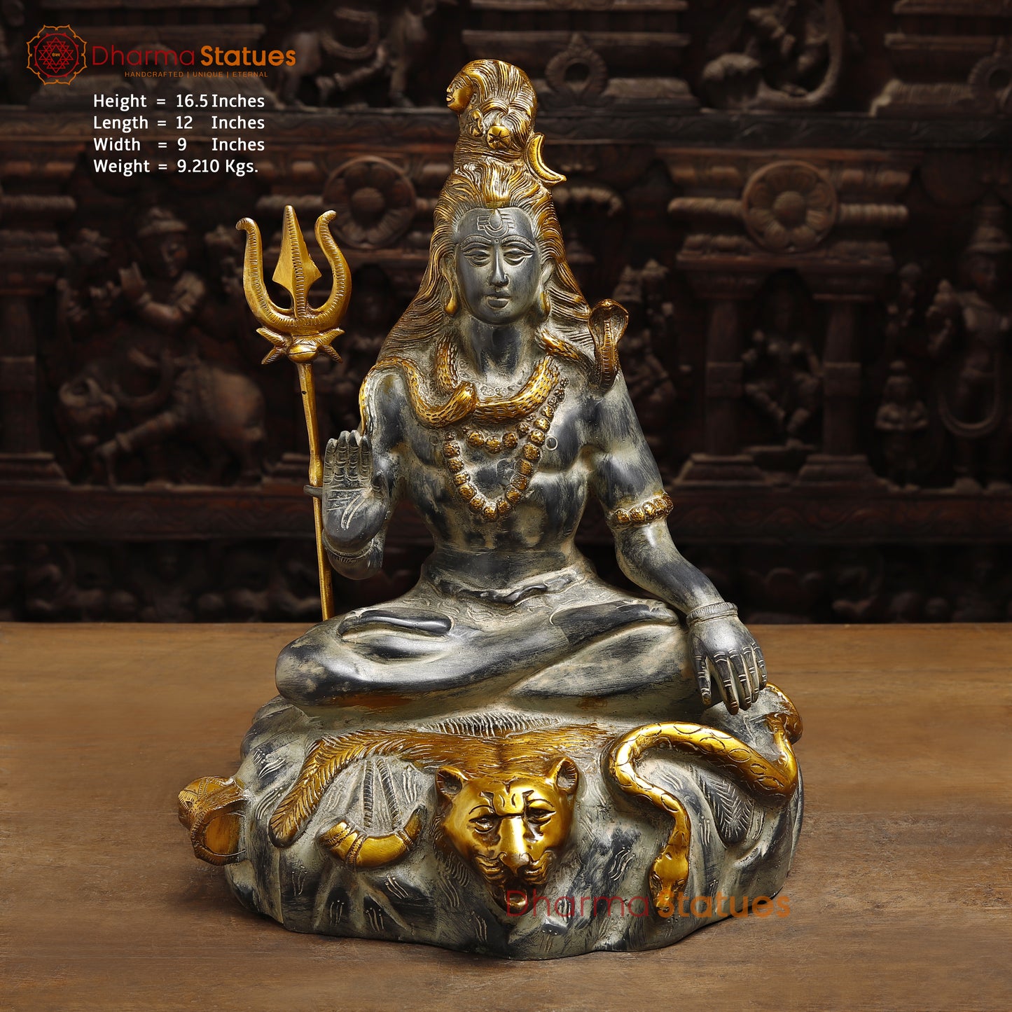 Brass Shiva Statue seated in Blessing Posture, Grey & Golden Finish, 16.5"