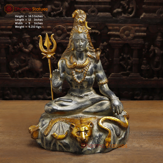 Brass Shiva Statue seated in Blessing Posture, Grey & Golden Finish, 16.5"