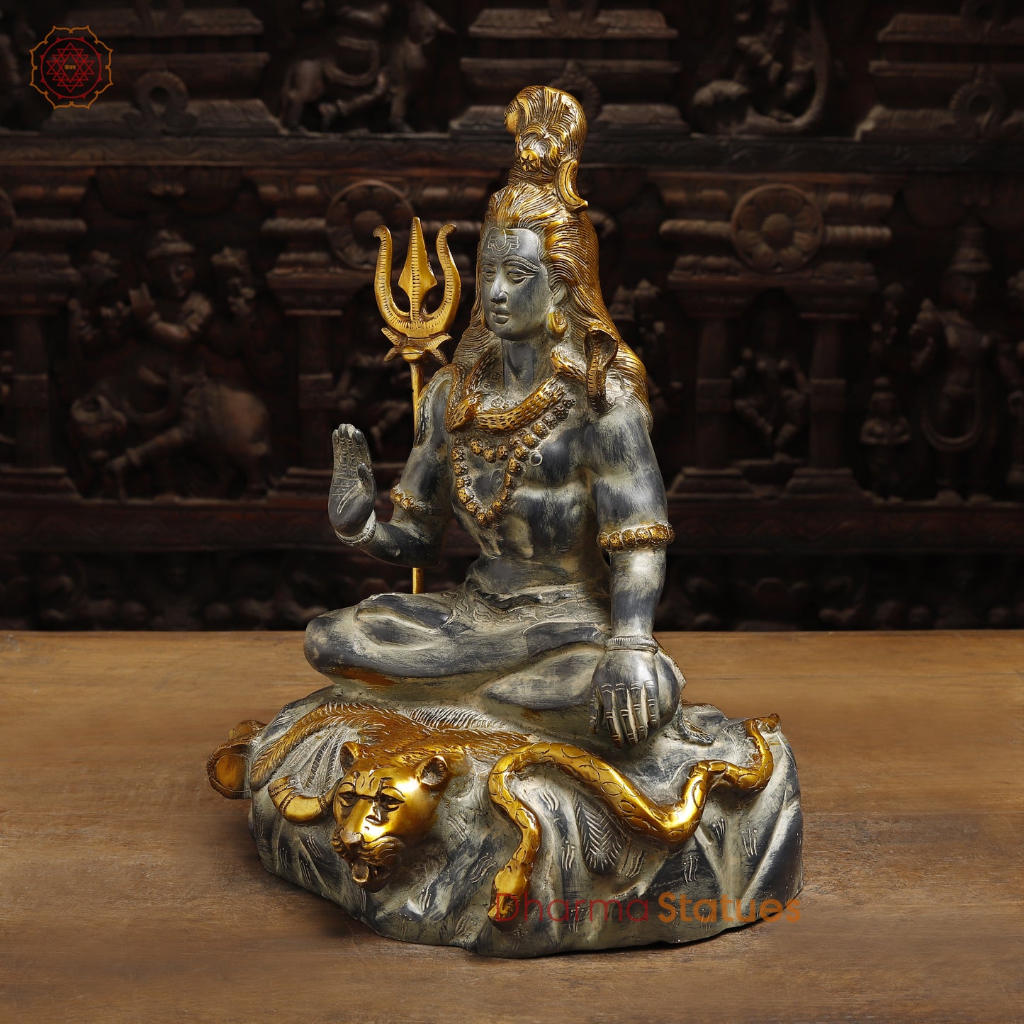 Brass Shiva Statue seated in Blessing Posture, Grey & Golden Finish, 16.5"
