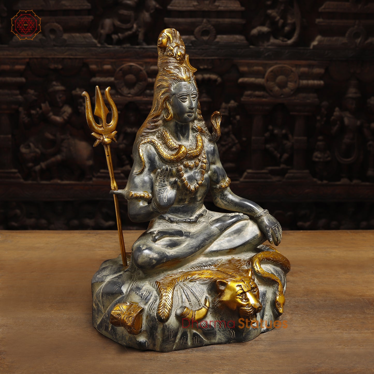 Brass Shiva Statue seated in Blessing Posture, Grey & Golden Finish, 16.5"