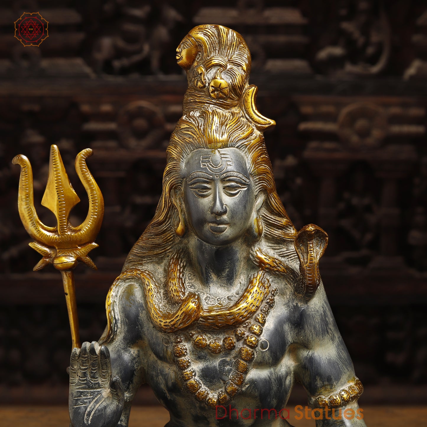 Brass Shiva Statue seated in Blessing Posture, Grey & Golden Finish, 16.5"