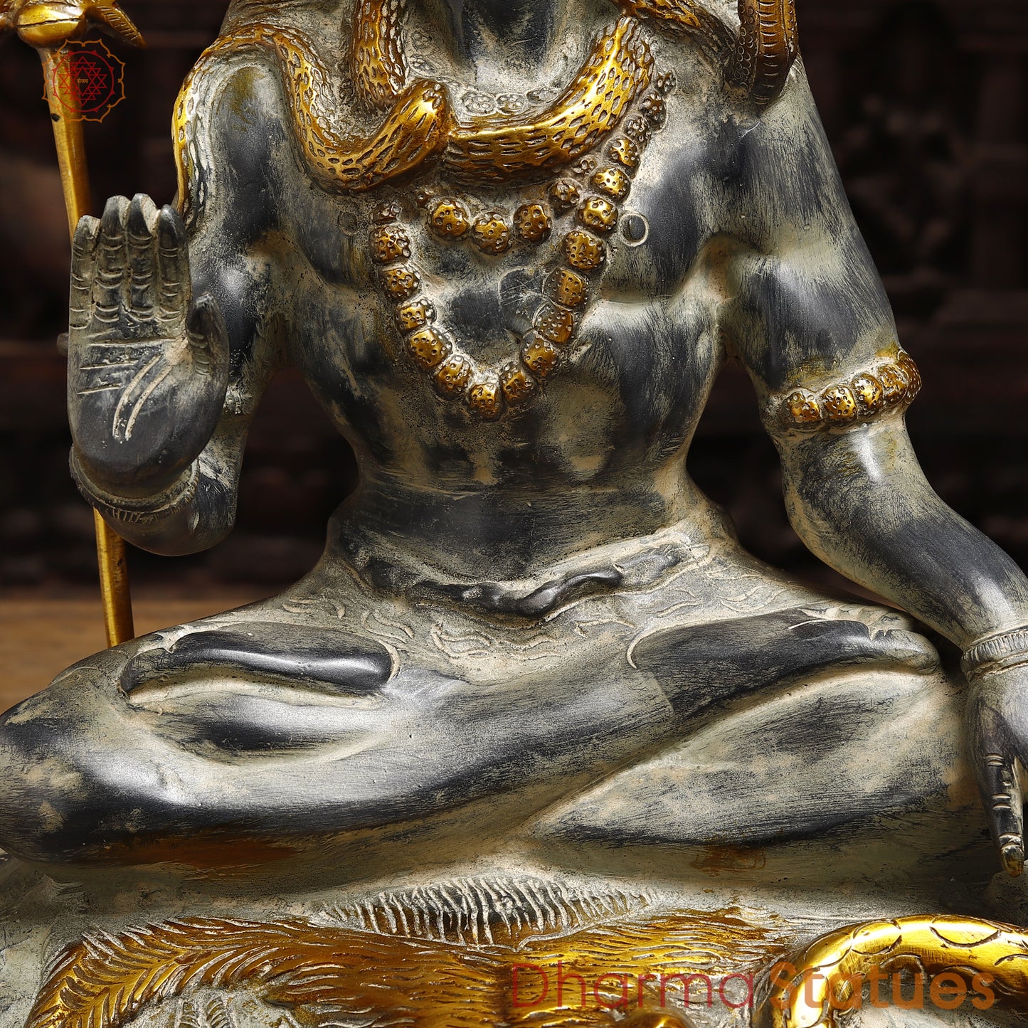 Brass Shiva Statue seated in Blessing Posture, Grey & Golden Finish, 16.5"