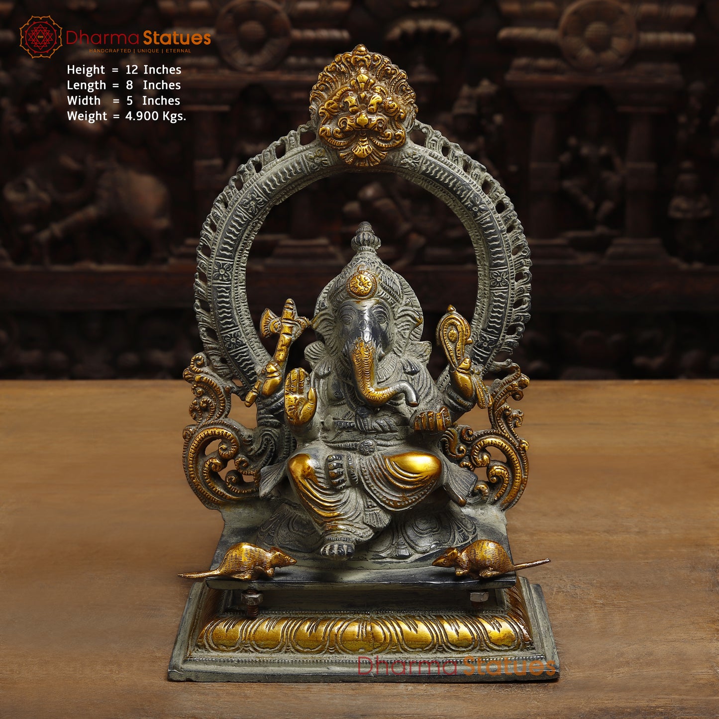 Brass Ganesh seated in Blessing Posture with Frame, Grey & Golden Finish, 12"
