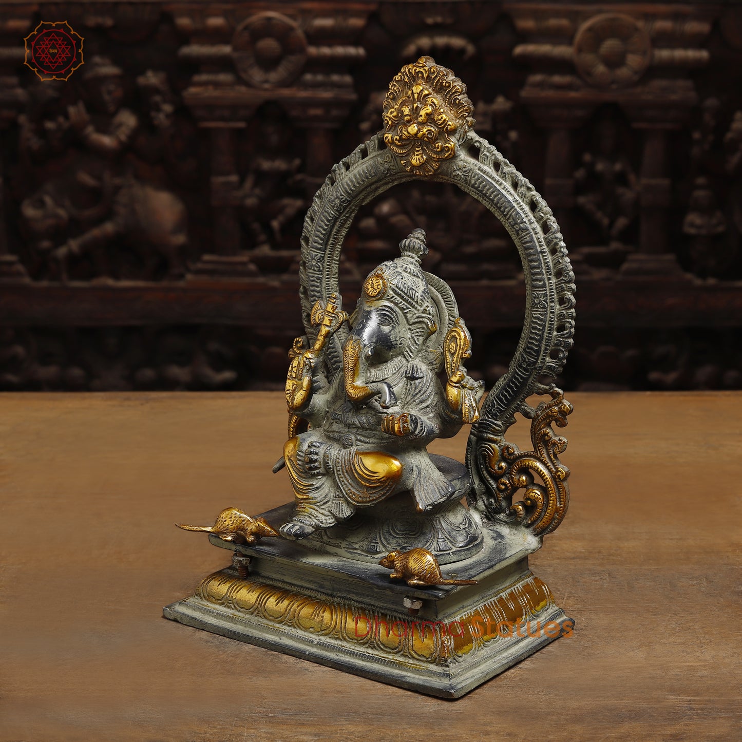 Brass Ganesh seated in Blessing Posture with Frame, Grey & Golden Finish, 12"