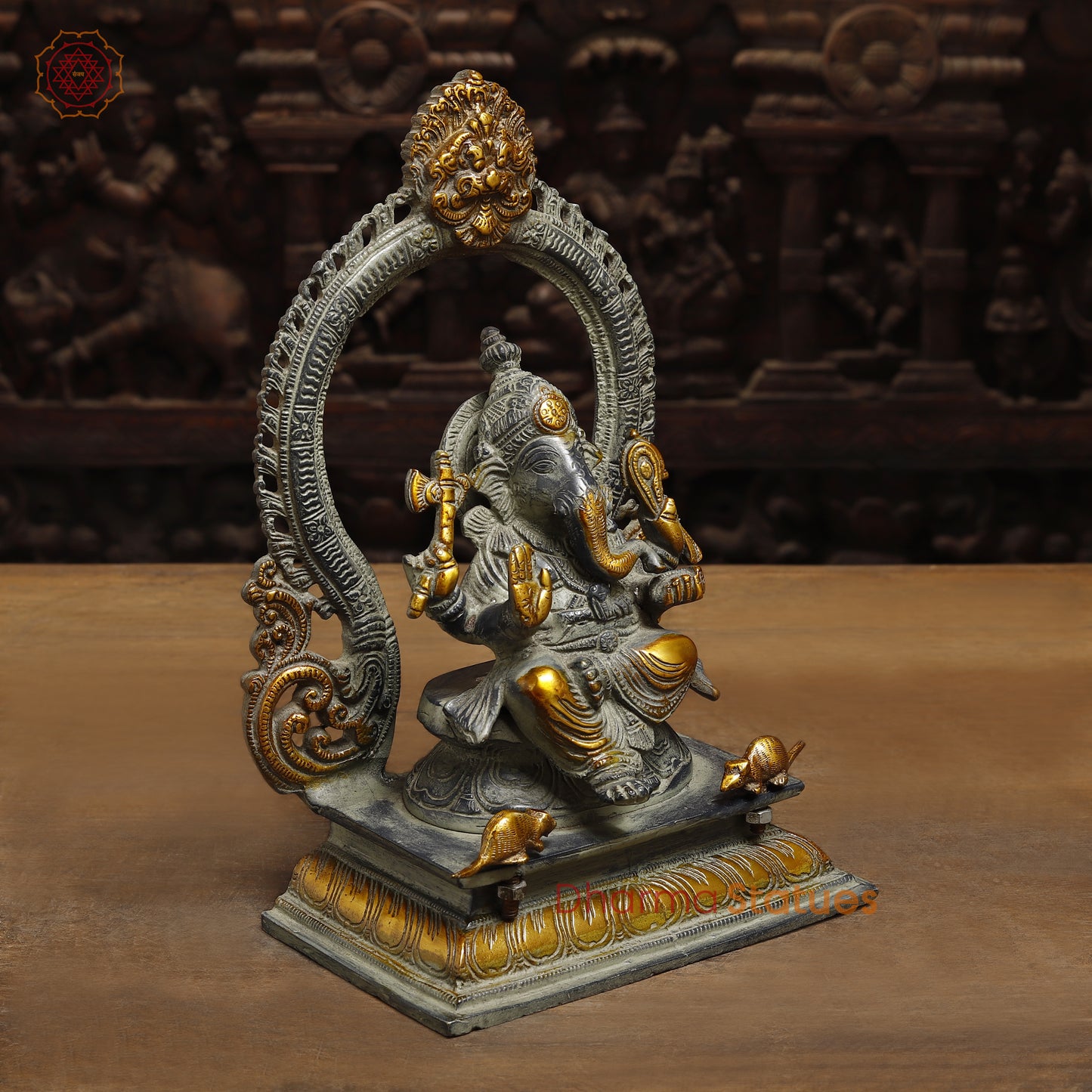 Brass Ganesh seated in Blessing Posture with Frame, Grey & Golden Finish, 12"