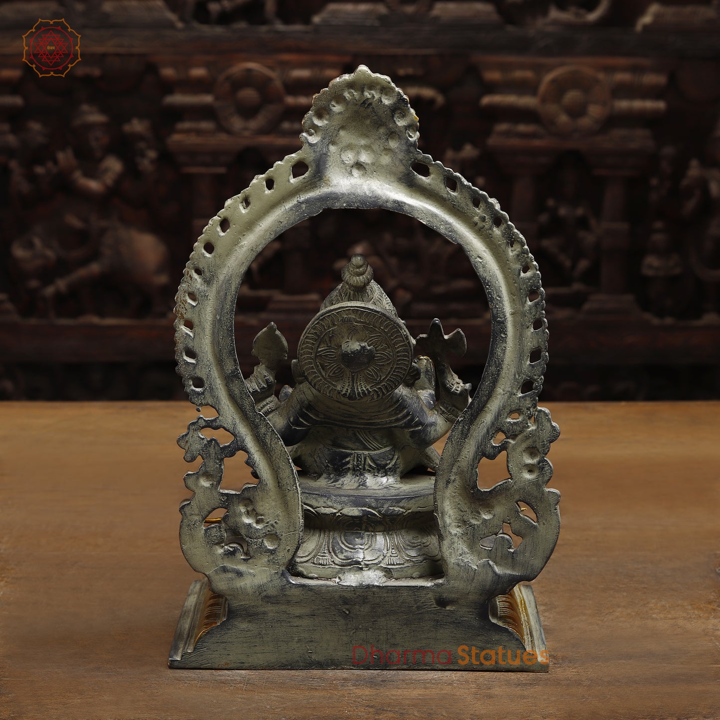 Brass Ganesh seated in Blessing Posture with Frame, Grey & Golden Finish, 12"