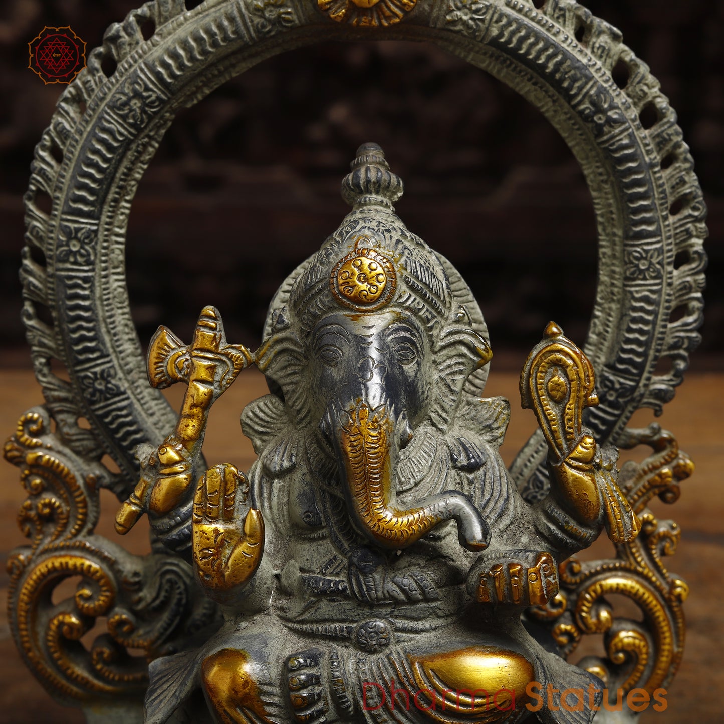 Brass Ganesh seated in Blessing Posture with Frame, Grey & Golden Finish, 12"