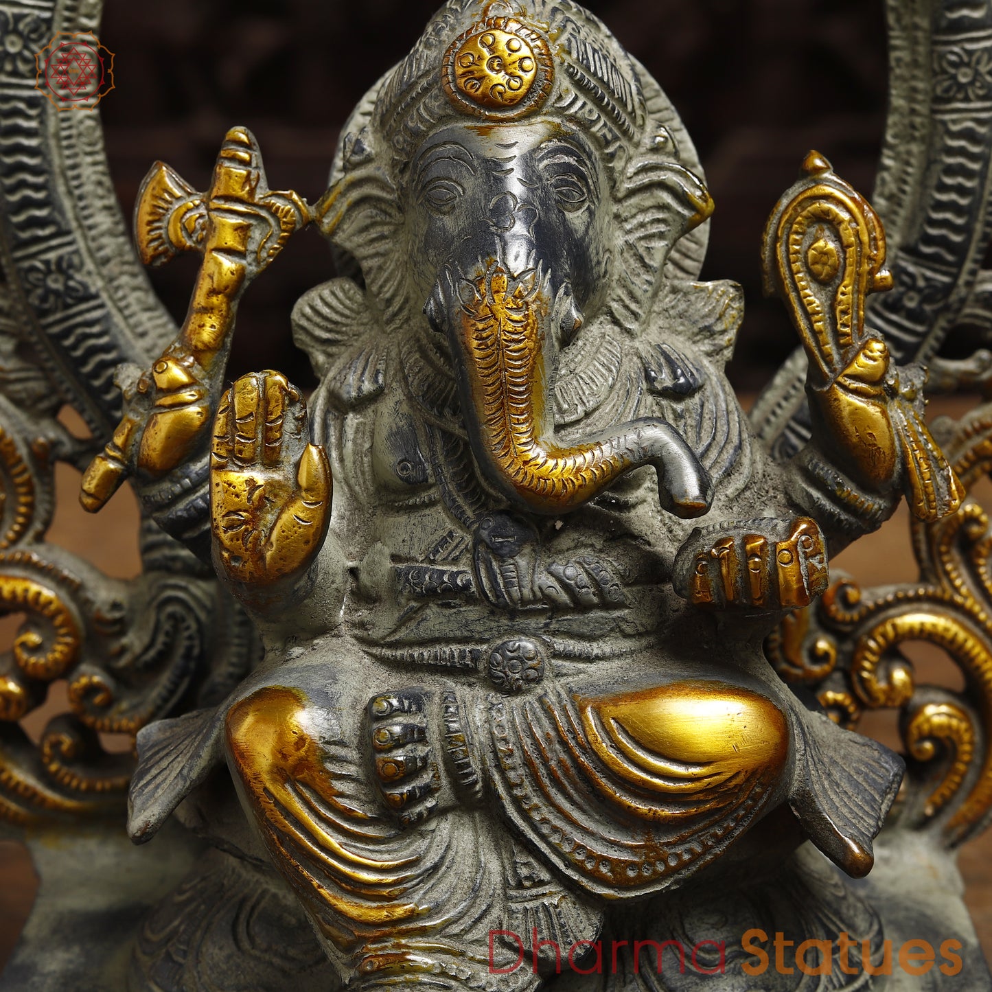 Brass Ganesh seated in Blessing Posture with Frame, Grey & Golden Finish, 12"