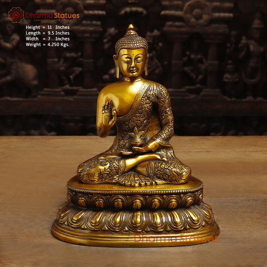 Brass Lord Buddha seated in Blessing Posture, Fine Golden Finish, 11"