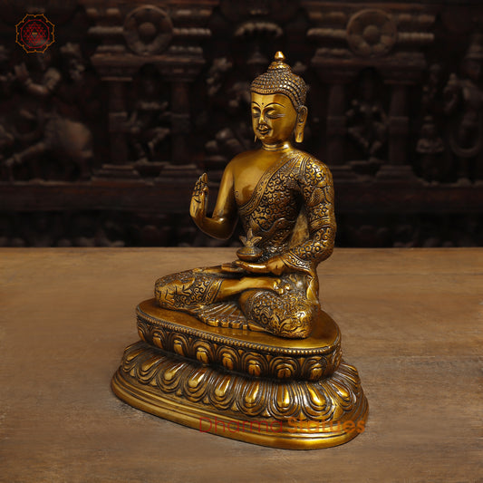 Brass Lord Buddha seated in Blessing Posture, Fine Golden Finish, 11"