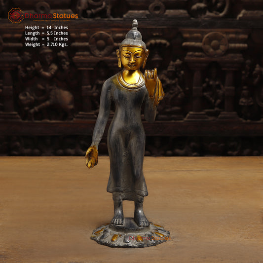Brass Standing Thai Buddha, Grey & Golden Finish, 14"
