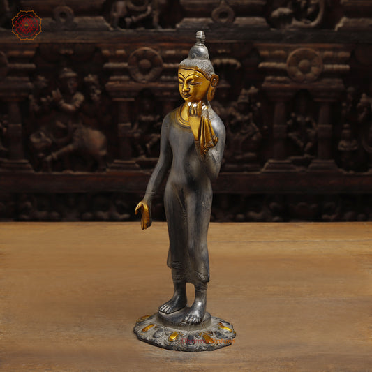 Brass Standing Thai Buddha, Grey & Golden Finish, 14"