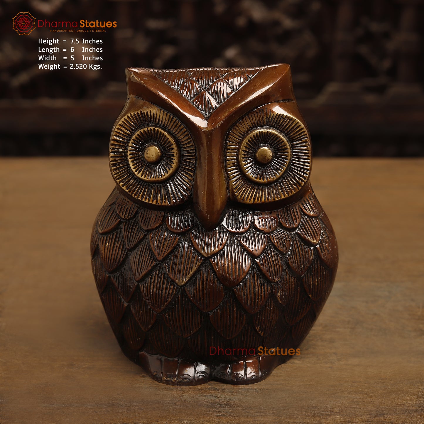 Brass Owl Statue, Copper with Golden Finish, 7.5"