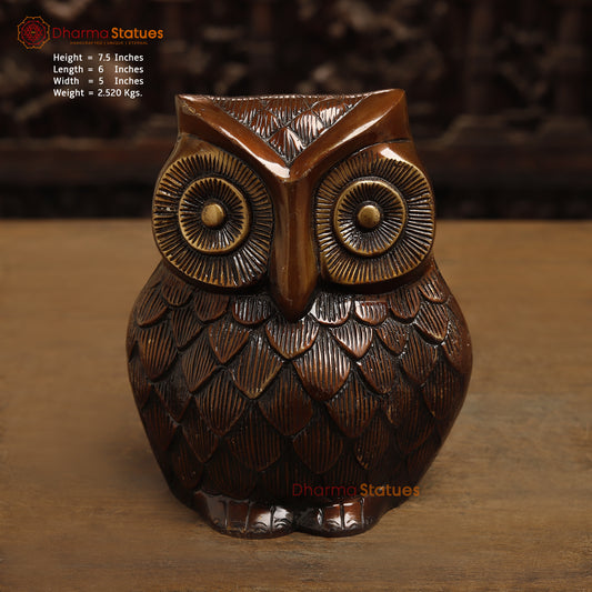Brass Owl Statue, Copper with Golden Finish, 7.5"