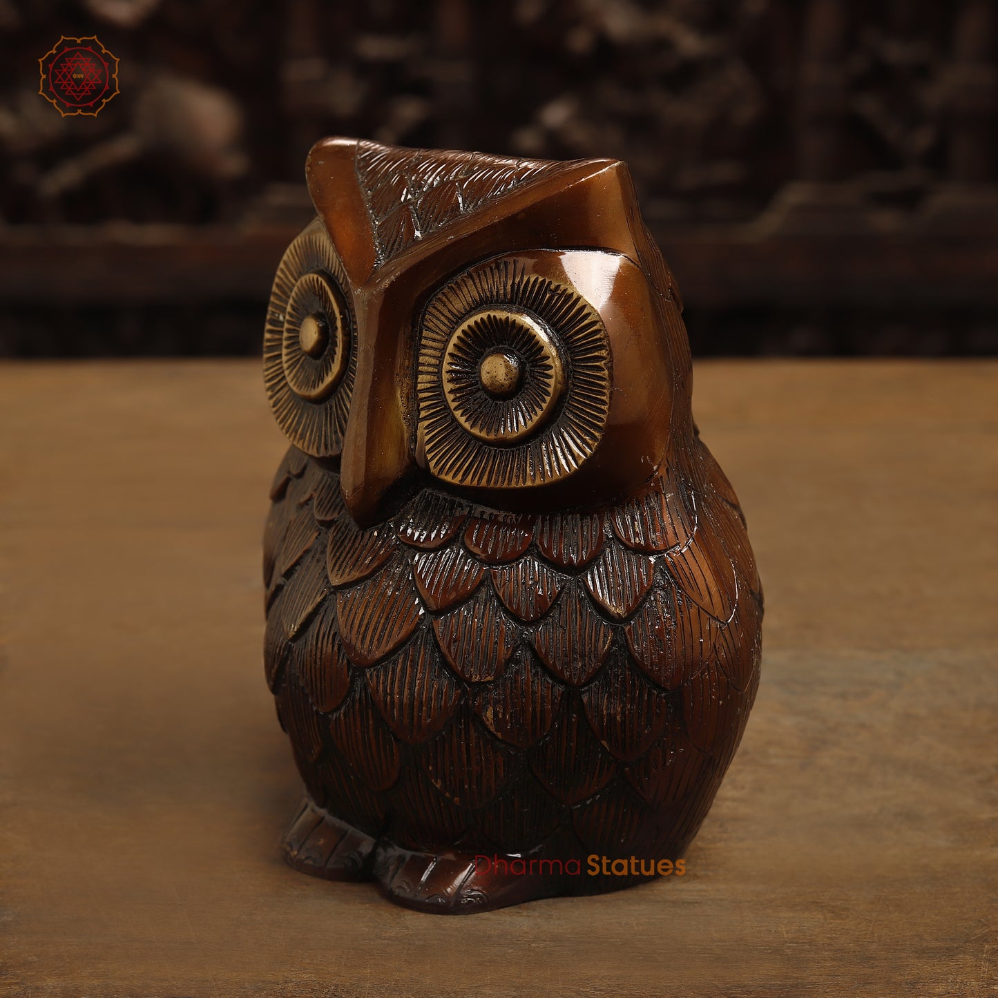 Brass Owl Statue, Copper with Golden Finish, 7.5"