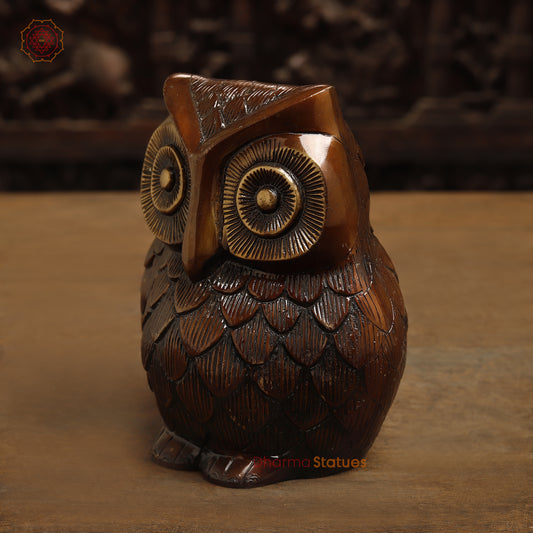 Brass Owl Statue, Copper with Golden Finish, 7.5"