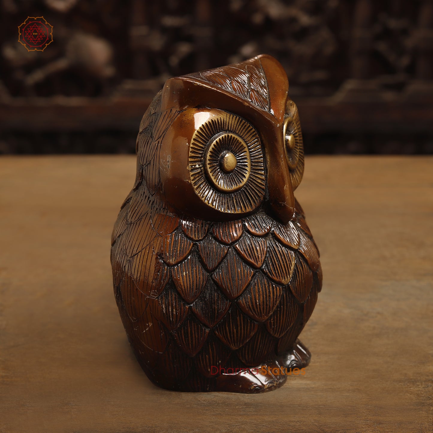 Brass Owl Statue, Copper with Golden Finish, 7.5"